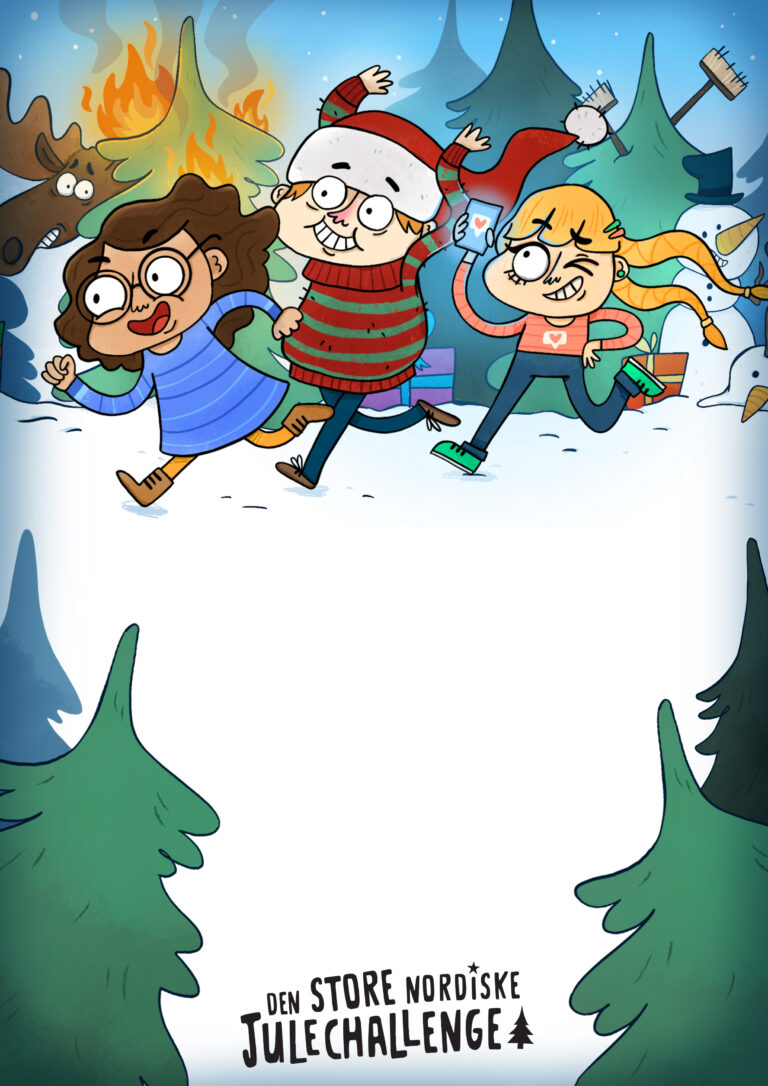 Illustration, højformat. Hovedkaraktererne i Den Store Nordiske Julechallenge
