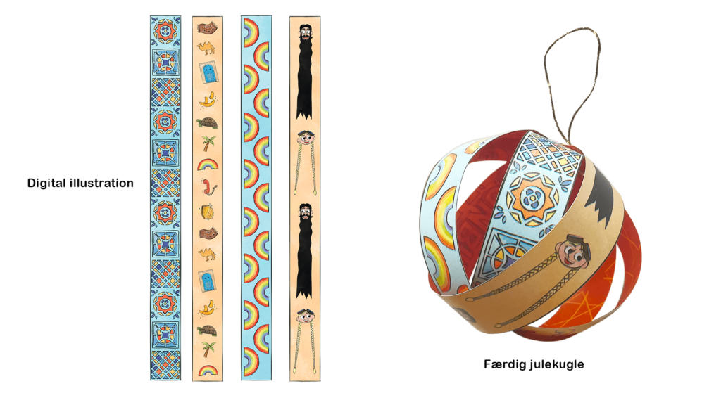 Før og efter billede af saml-selv julekugle til Jagten på Regnbuens Guld, Ramasjang