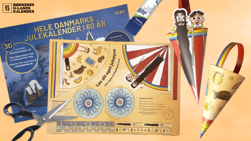 Samlet billede af ark med julepynt til Jagten på Regnbuens guld, Ramasjang